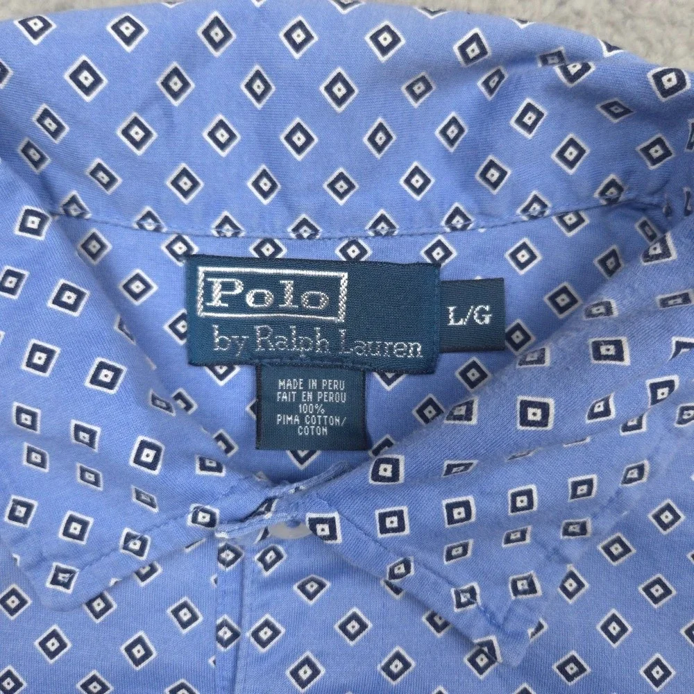 Polo Ralph Lauren Polo Shirt Mens Large Blue Diamond Pima Cotton AOP Golf